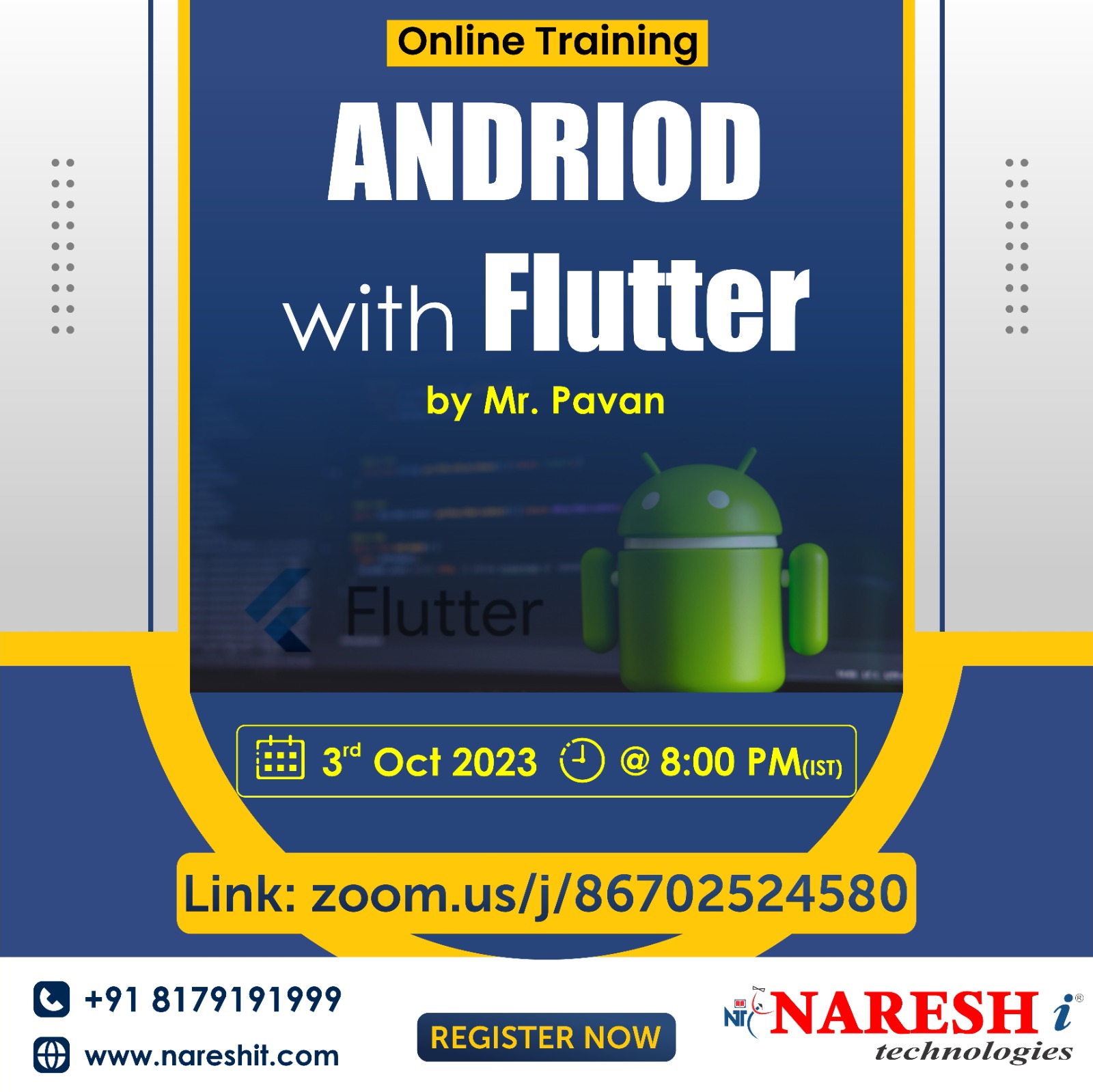 Free Demo On Android with Flutter Course in NareshIT,Hyderabad,Services,Education & Classes,77traders